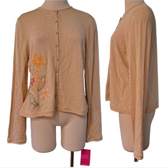Vintage Intuitions Y2K Button Down Floral Stitch Lawn Party Cardigan XL Tan NWT - Picture 4 of 13